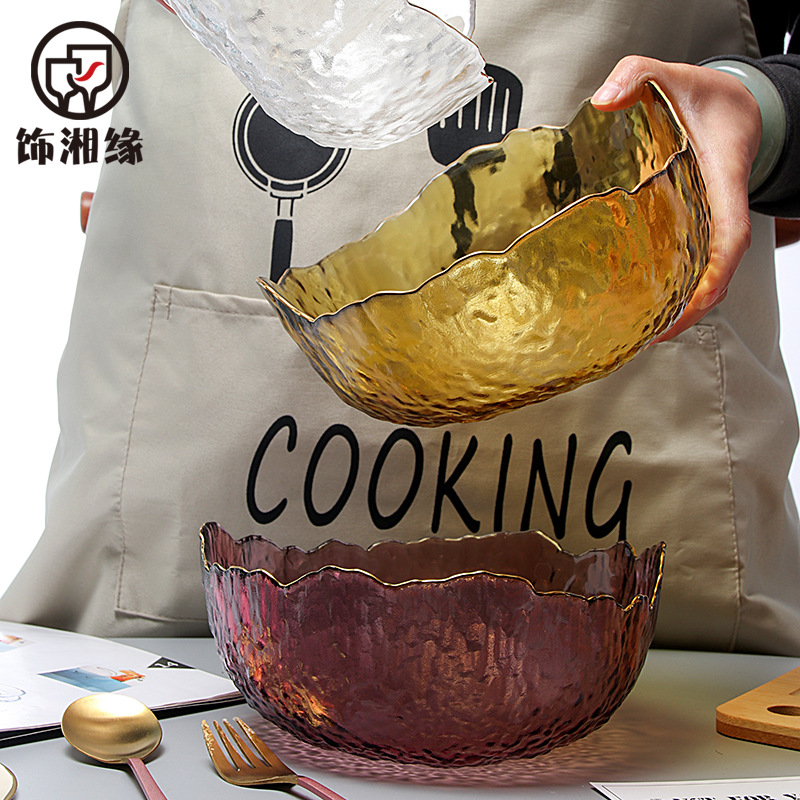 Chinese Style Creative Large Transparent Glass Bowl Household Hammer Irregular Vegetable Fruit Dessert Salad Bowl Plate