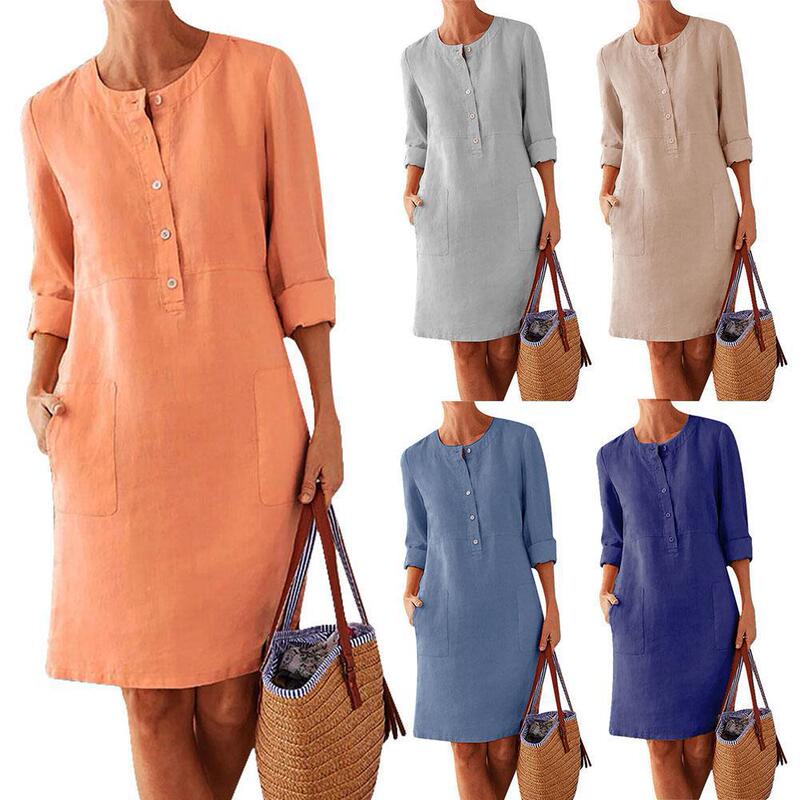 2024 Cross-Border Spring New Amazon Aliexpress Popular Plus Size Women's Cotton and Linen Round Neck Long Sleeve Dress