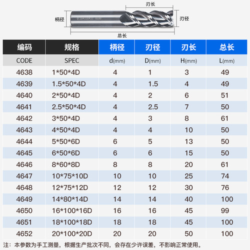 Huhao 45 degree finishing three-edged aluminum end mill hard tungsten steel alloy material CNC tungsten steel knife wholesale