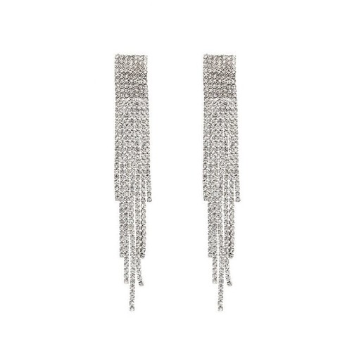 Stylish, exaggerated full-diamond tassel earrings for women—elegant, celebrity-inspired long drop designs that create a slimmer-looking face; trendy online ear accessories with eye-catching appeal.