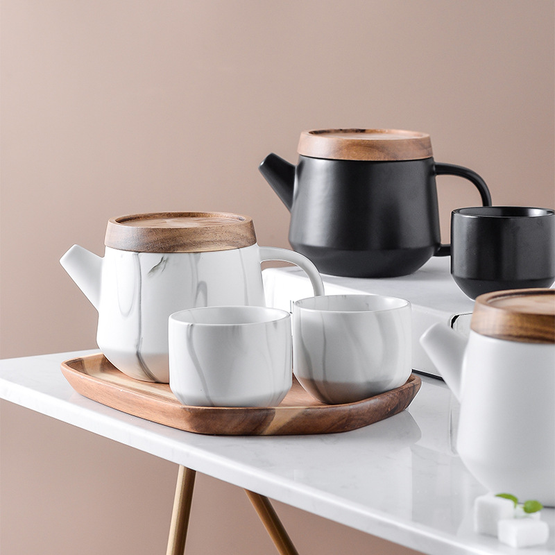 Regalo de alta gama Nordic creativo exquisita cubierta de madera perfumado té cerámica juego caja de regalo con bandeja de madera una olla dos tazas