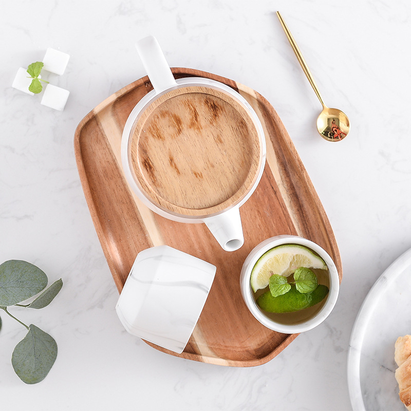 Regalo de alta gama Nordic creativo exquisita cubierta de madera perfumado té cerámica juego caja de regalo con bandeja de madera una olla dos tazas