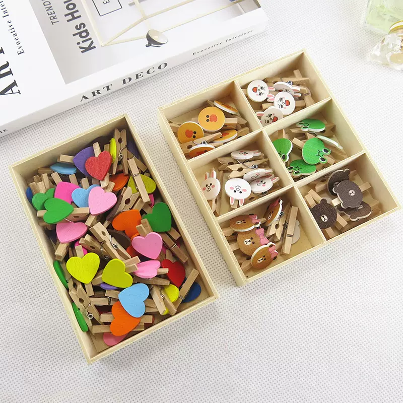 木盒装夹子创意可爱卡通照片墙装饰小木夹相片迷你木夹工艺品木质