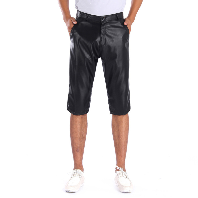 Summer Stretchy Fleece-Free Knit Knee-Length Leather Shorts Work Pants Loose Men's Leather Pants Business Casual