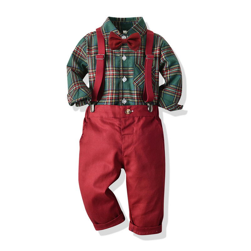 Primavera infantil ropa infantil para niños multicolor cuadrado camisa de manga larga cinturón retro arco de mariposa multi-pieza setbaby