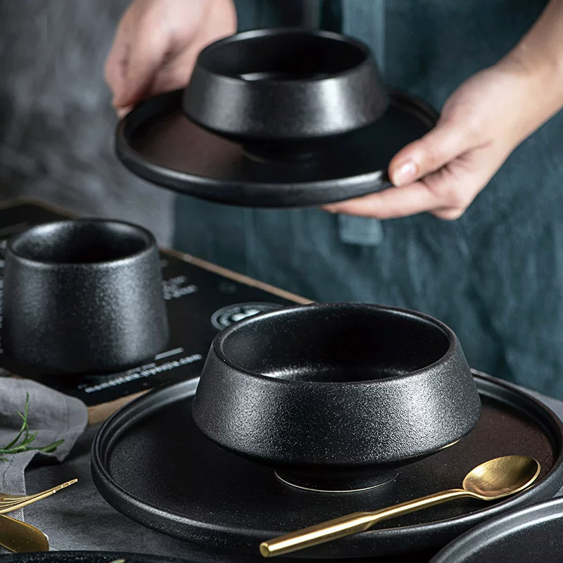 美光烧 Creative matte black ceramic tableware, set, dinner plate