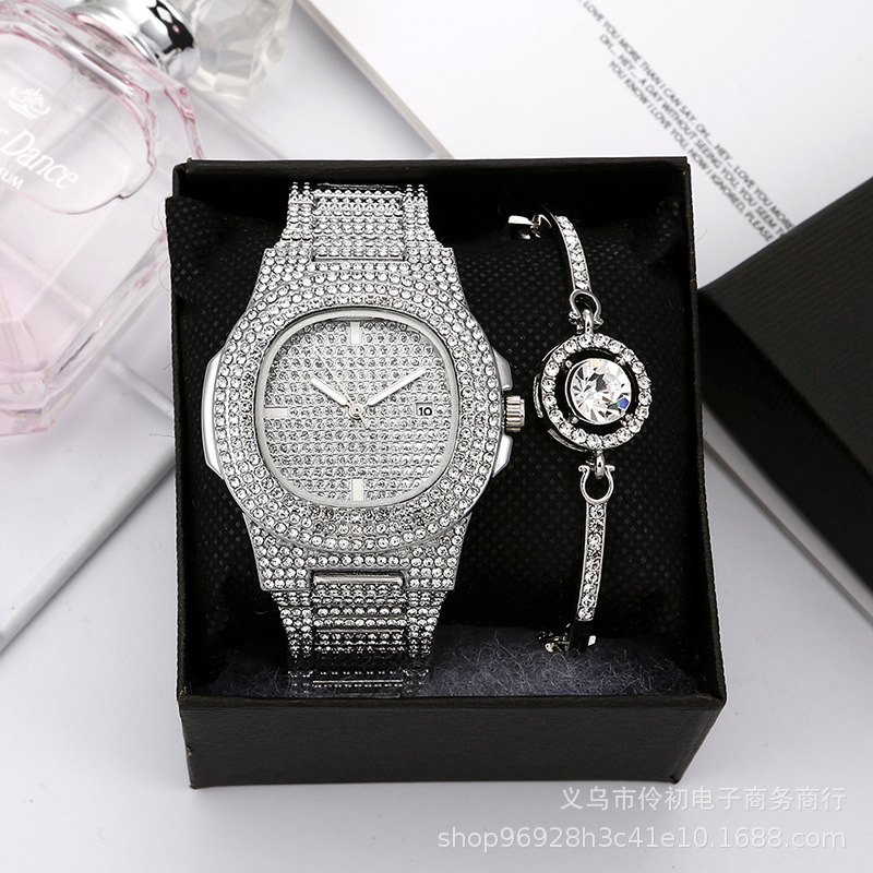 Gypsophila Steel Band Foreign Trade Women's Watch Two-Piece Set Bracelet Watch Full Diamond Calendar Atmospheric Fashion Women's Watch