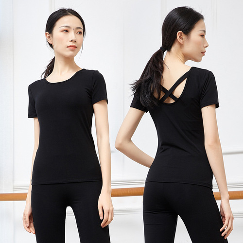 Dance practice clothes tops adult female form short-sleeved Latin dance yoga modal training black dance clothes