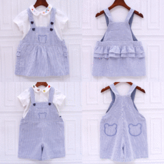 miki童裝日系潮牌卡通小熊條紋兒童背帶裙背帶褲短褲一件代發