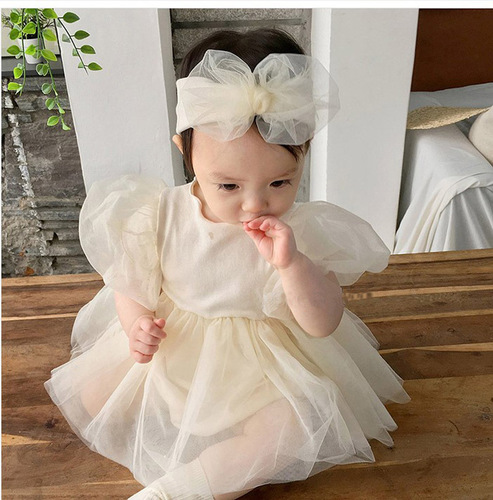 Summer new product Korean version of Centennial Banquet Princess short-sleeved rompers for baby girls puff-sleeved tulle skirt