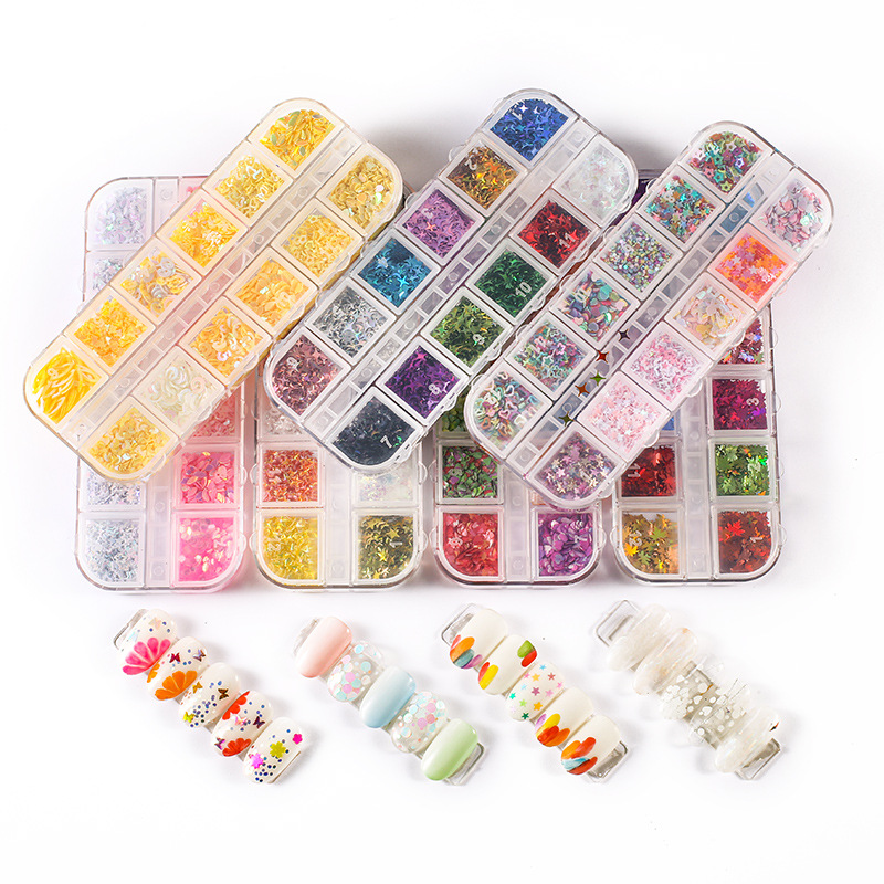 Taifei uñas caja de tira larga lentejuelas 12 rejilla caja de tira larga parche de uñas DIY uñas lentejuelas uñas traje de joyería