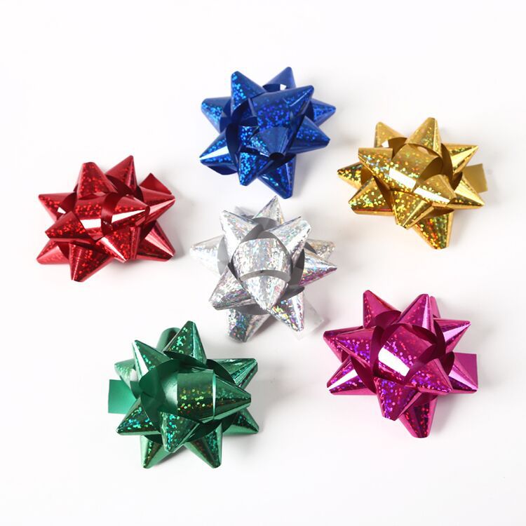 批发2寸镭射亮面贴合星星花彩带 礼品盒婚车车头装饰自粘包装定制