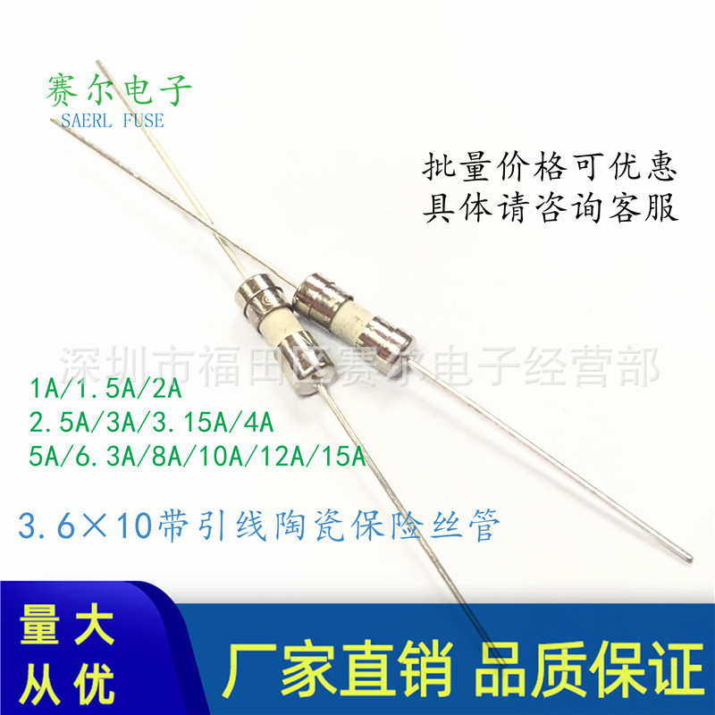 引线脚陶瓷保险丝管慢熔断3.6×10T6.3A/8A/10A/12A/15A250V