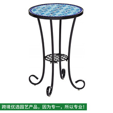 中式小清新蓝色八角小花圆形马赛克铁艺花架室内外阳台花园小桌子