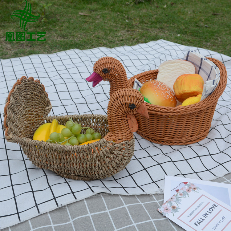 Creativa imitación animal forma pato cesta de frutas cesta de pan ratán decoración del hogar sala de estar cesta de almacenamiento de escritorio