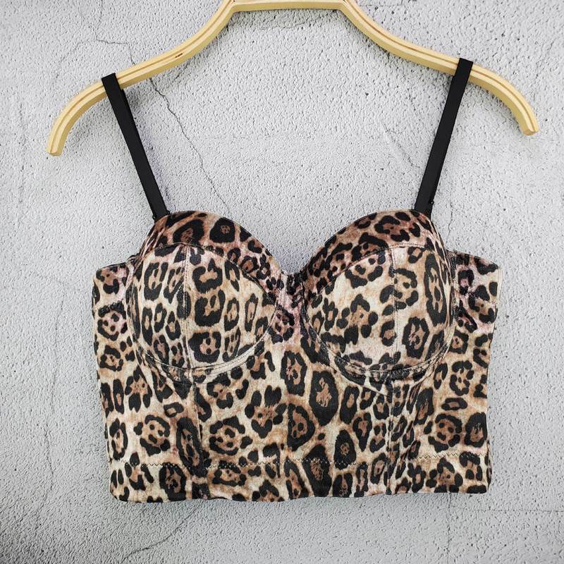 European and American Style Leopard Print Velvet Short Tank Top with Elastic Underwire, Strapless Top for Women, Backless and Can Be Worn Outside