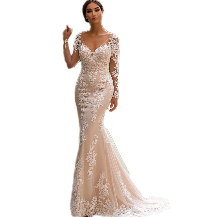 Foreign Trade Hot 2025 New Deep V Neck Long-Sleeved Large Backless Slim Lace Small Tail Fishtail Wedding Dress Travel Photography
