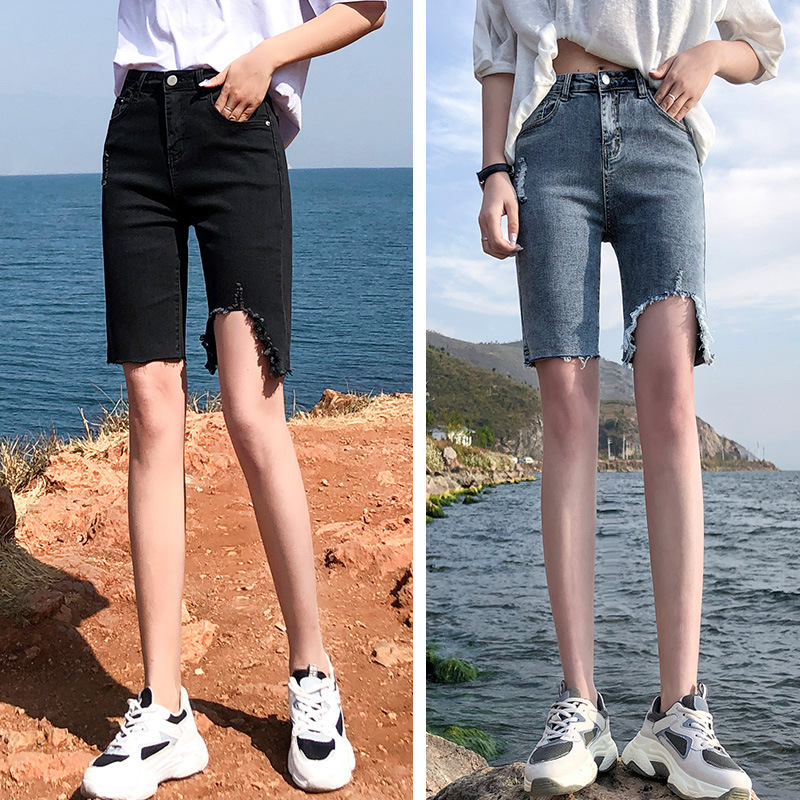 Black Five-point Denim Shorts Women's Xiagang Tide ins High Waist Straight Ripped Tight Riding Slimming Five-point Medium Pants