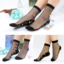 袜子女秋季薄款玻璃丝中筒袜日系提花透气水晶丝短潮吸汗透气黑丝