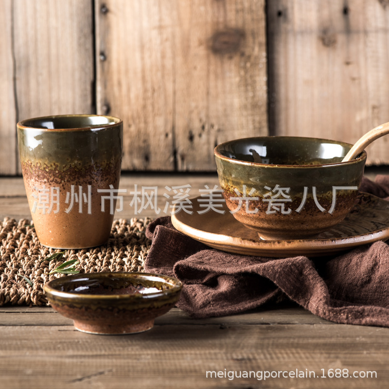 Coarse Pottery Tableware, Rice Bowl, Water Cup, Soup Spoon, Chopstick Holder, Japanese and Korean Specialty Cuisine, Chinese Restaurant Table Setting, Ceramic Miyaki