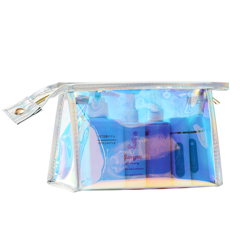 Bolsa de cosméticos de láser transparente para mujer portátil simple viaje impermeable color mágico bolsa de almacenamiento de cosméticos de PVC impresa LOGO