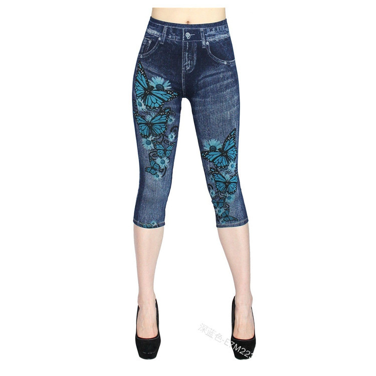 Summer Blue Butterfly Print Imitation Denim Cropped Pants for Women Thin Slimming Tight Leggings Summer Blue Butterfly Print Imitation Denim Cropped Pants for Women Thin Slimming Tight Leggings