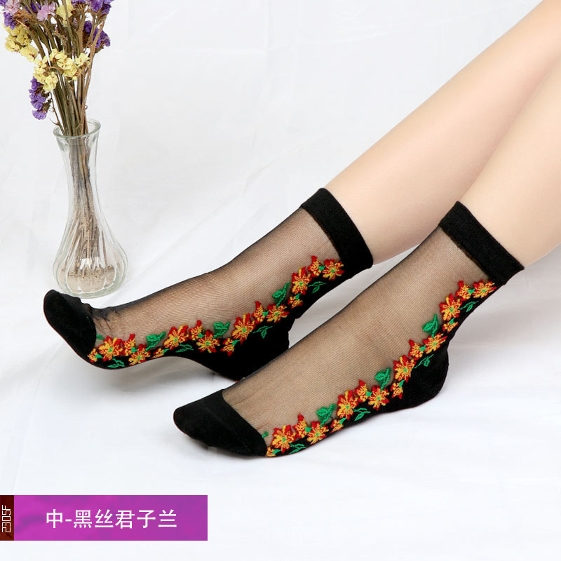 Corea del Sur moda tejida medias de cristal de flores simples medias de cristal de fondo de algodón de flores ultra-Delgado invisible media pantorrilla calcetines de mujer moda al por mayor