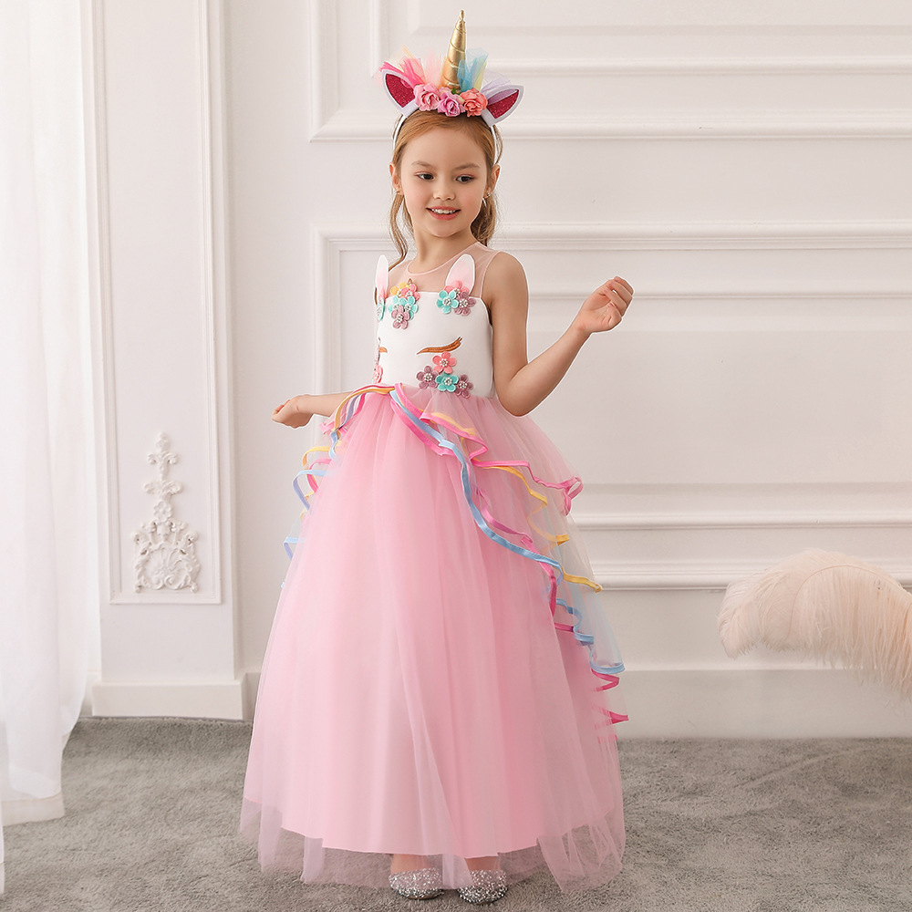 Long Dress for Older Children, Colorful Mesh Cake Tutu Skirt, Unicorn Princess Dress, Holiday Party Performance Dress