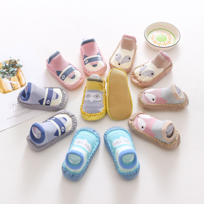 Calcetines para niños, zapatos de algodón peinado para bebés, calcetines con suela blanda con diseño de búho para niños, calcetines con suela de cuero, zapatos para bebés.