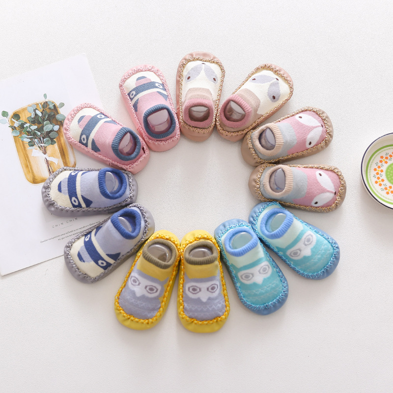 Calcetines para niños, zapatos de algodón peinado para bebés, calcetines con suela blanda con diseño de búho para niños, calcetines con suela de cuero, zapatos para bebés.