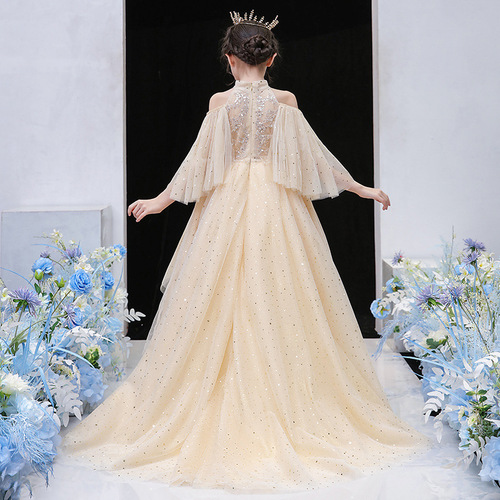 Children's Formal Wear 2024 New Bridal Gown Short Front Long Train Model Girl Child Fashion Show Performance Dress European and American Princess Dress