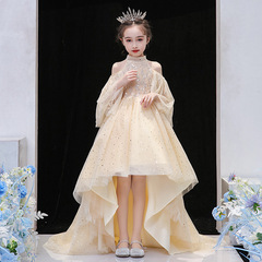 Children's Formal Wear 2024 New Bridal Gown Short Front Long Train Model Girl Child Fashion Show Performance Dress European and American Princess Dress