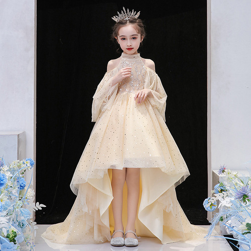 Children's Formal Wear 2024 New Bridal Gown Short Front Long Train Model Girl Child Fashion Show Performance Dress European and American Princess Dress