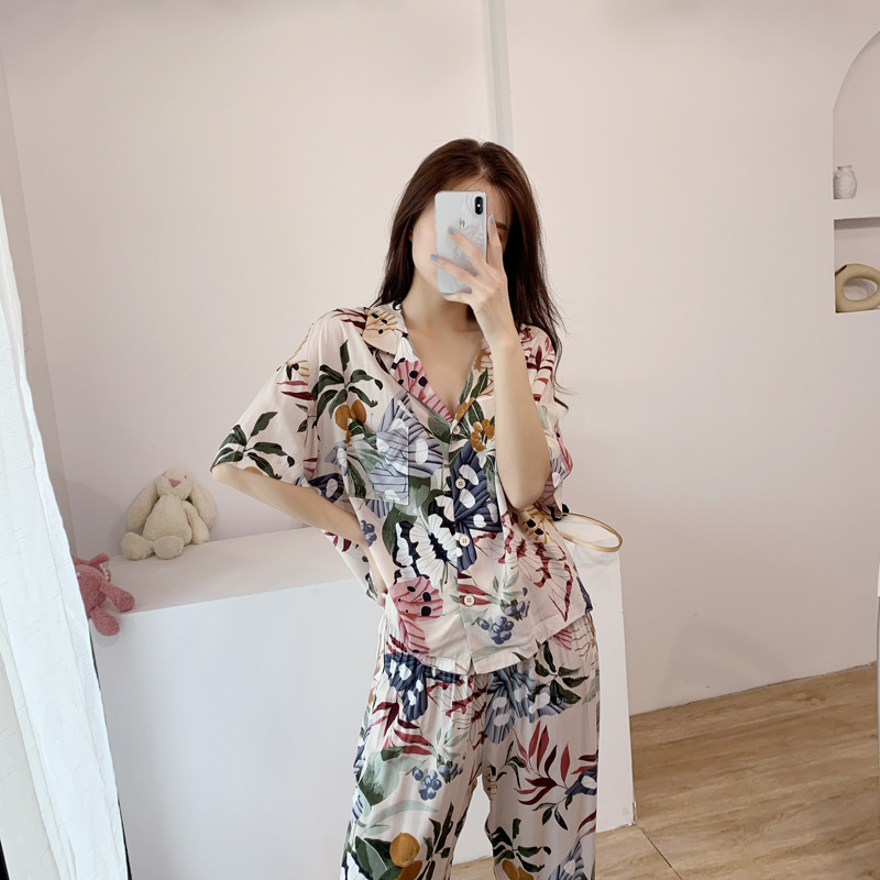 Summer pajamas women's short-sleeved trousers beach style casual home wear thin breathable outer wear pattern suit