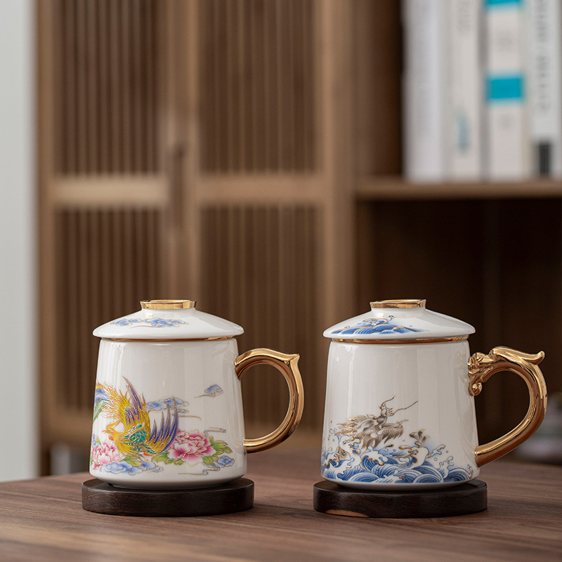 High-end gold-painted mutton-fat jade ceramic teacup sandalwood pad…