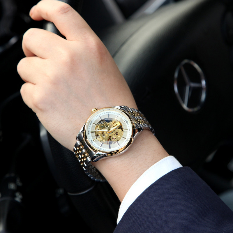 Chino time automatic mechanical watch waterproof hollow steel belt watch same style men's watch fashion casual transparent bottom watch