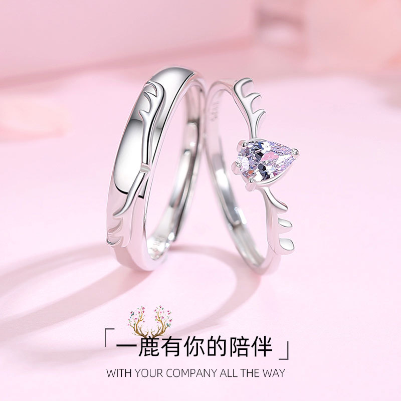 S925 un ciervo tiene su anillo de pareja cornamenta en forma de gota ZIRCON par anillo nicho diseño sentido regalo para la novia