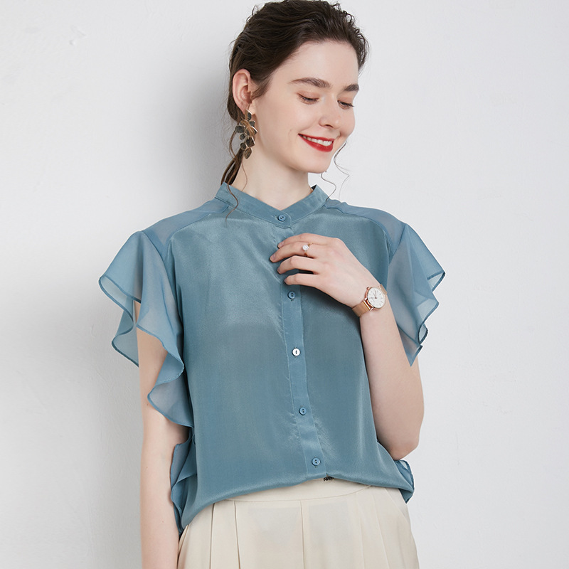 Heavy Silk Shirt for Women, Short-Sleeved, 2026 Summer New Style, Elegant Ruffled Sleeves, Plus-Size Mulberry Silk Top, Trendy
