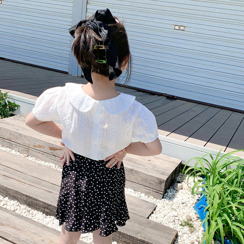 童装2023夏季新款儿童白色娃娃领上衣女童韩版短袖衬衫一件代销