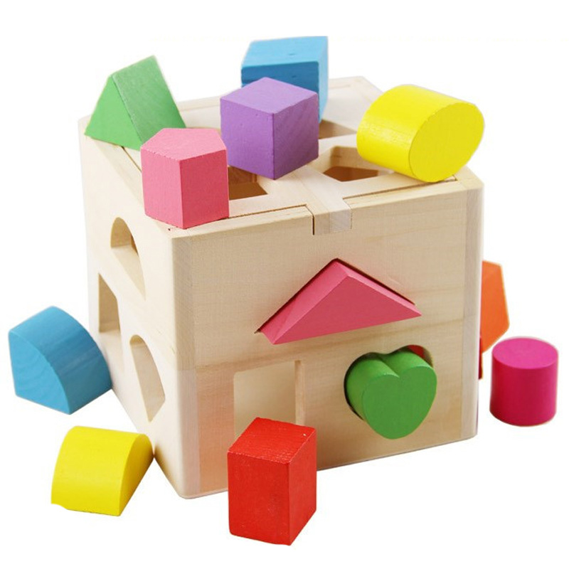木制十三孔智力盒 形状配对积木13孔形状箱 早教益智形状投放盒