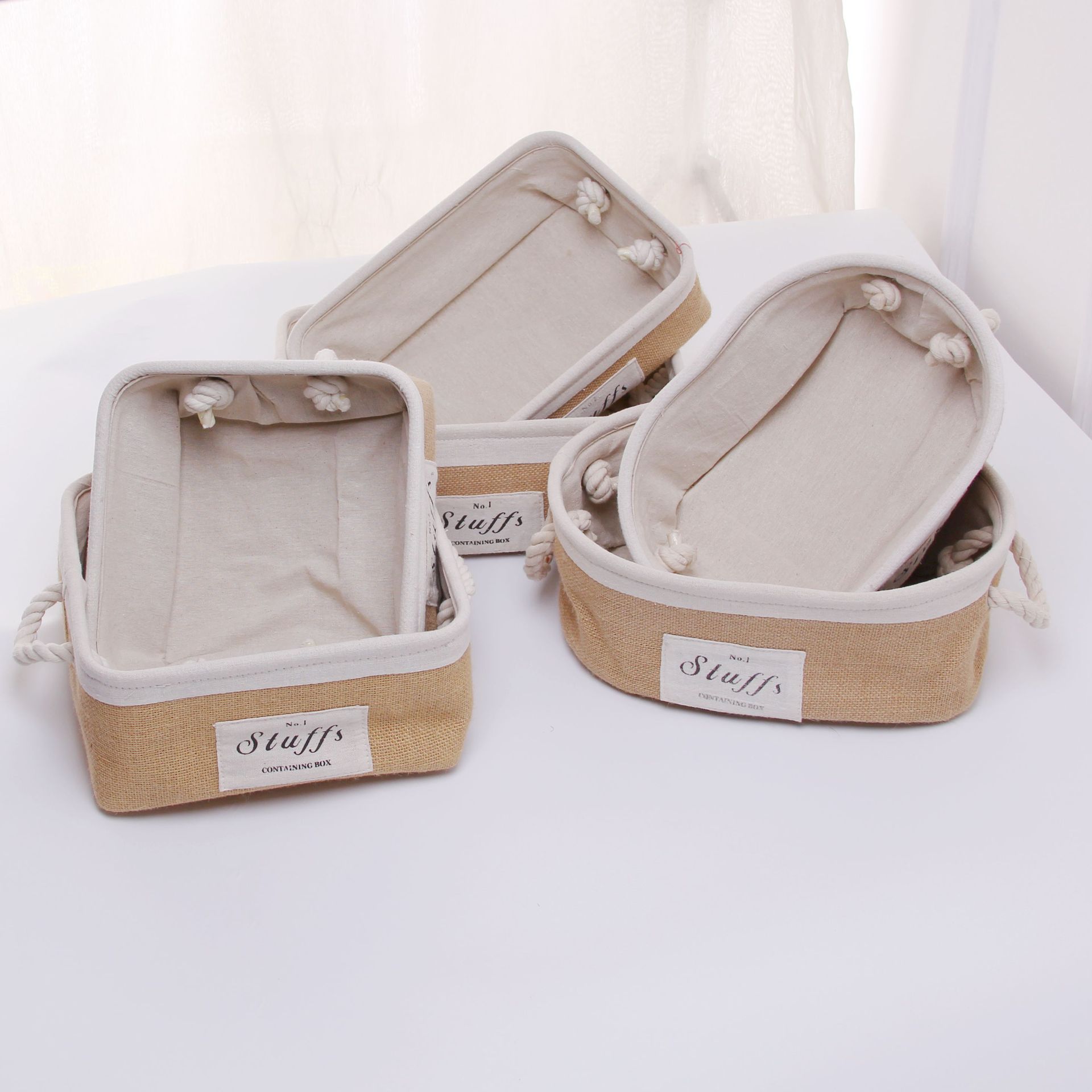 Grandes almacenes hogar canasta de almacenamiento de yute tela de escritorio cesta de merienda mesa de té portátil juguete cesta de organización