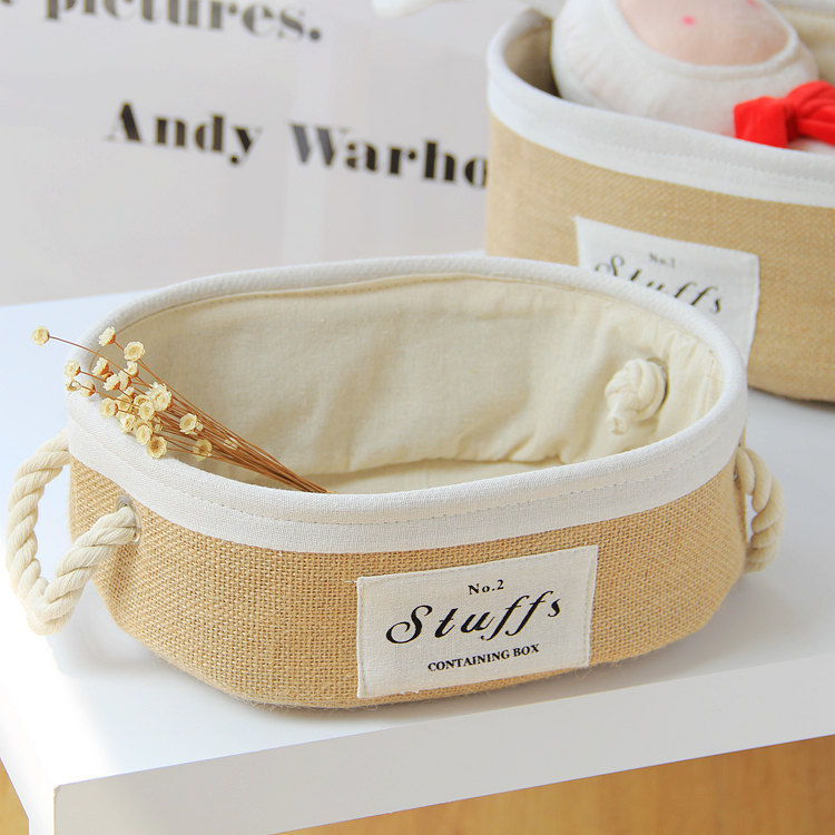 Grandes almacenes hogar canasta de almacenamiento de yute tela de escritorio cesta de merienda mesa de té portátil juguete cesta de organización