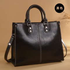 2024 Summer New Arrival European & American Style Retro Luggage & Leather Goods: Solid-Color Tote Bag with Genuine Leather Stitching, Women's Single-Shoulder Bag