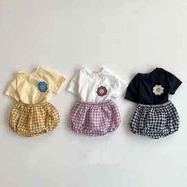 夏款婴幼儿夏季短袖短裤笑脸花朵薄棉格子裤套装韩版小童中小童
