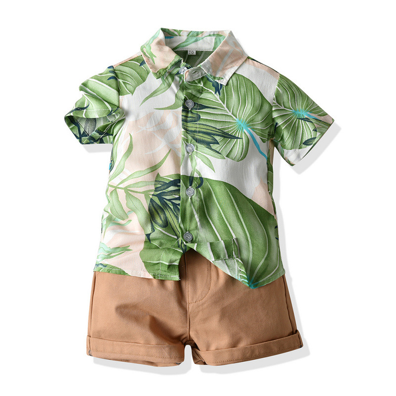 Ropa infantil transfronteriza de playa multicolor con solapa camisa de flores para niños pantalones cortos de dos piezas setbaby Europa y Estados Unidos viento hawaiano mayorista