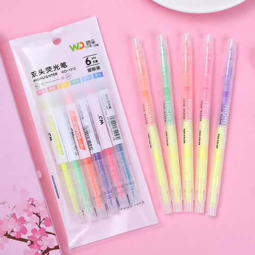 Korean creative double-headed two-color highlighter pen, 6 pack, students' key sentence marker, colored oblique-head marker pen