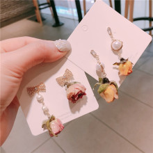 韩版时尚耳饰品　银针微镶玫瑰花朵不对称耳环批发产地货源柿子