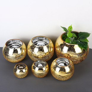 Factory whole box wholesale round Ice Flower plating gold silver glass vase wedding flower arrangement blown crack vase