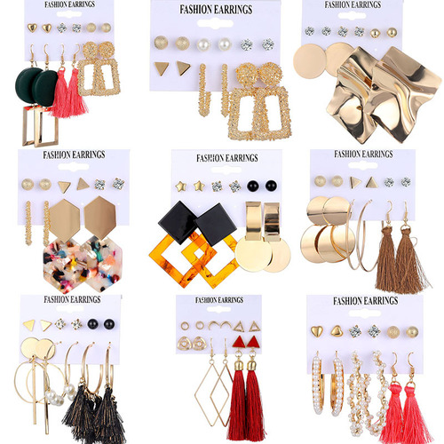 Cross-border accessories European and American earrings 6-piece set geometric metal acrylic sheet tassel earring set decoration wholesale