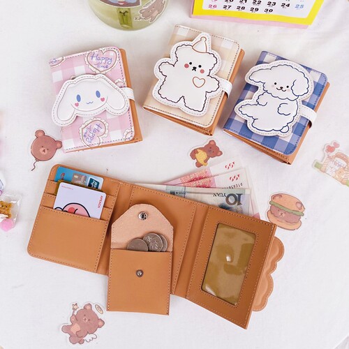 Original chic Japanese and Korean bear wallet cartoon female short coin purse snap-type three-fold PU card holder snap-type